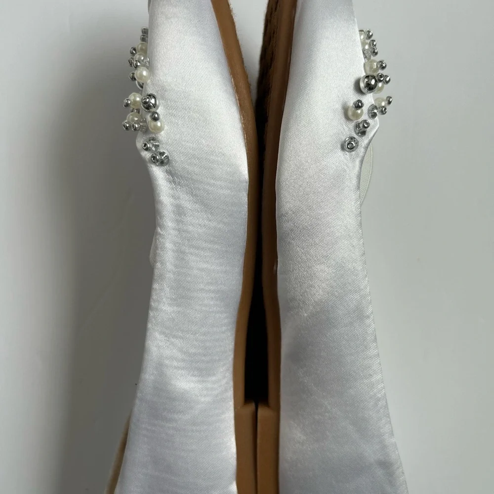 DREAM PAIRS Girl's Mary Jane Pearl Ballerina Flats White Satin Silver‎ Beads 3